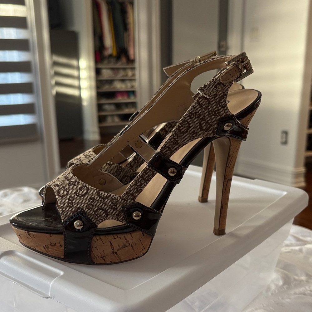 Guess Brown Patterned Slingback Heels